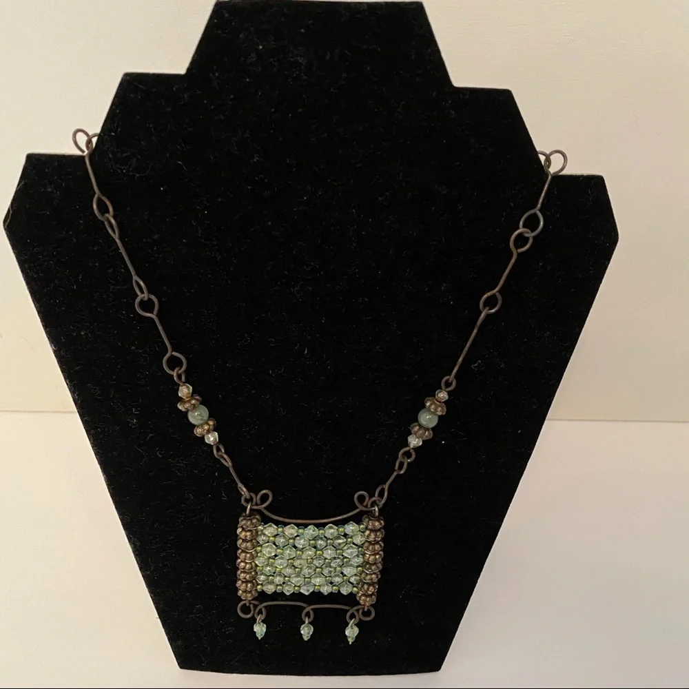 NECKLACE CHOKER GREEN BEADS CRYSTALS PEWTER COLOR PIN ART BOHEMIAN BOHO 16”